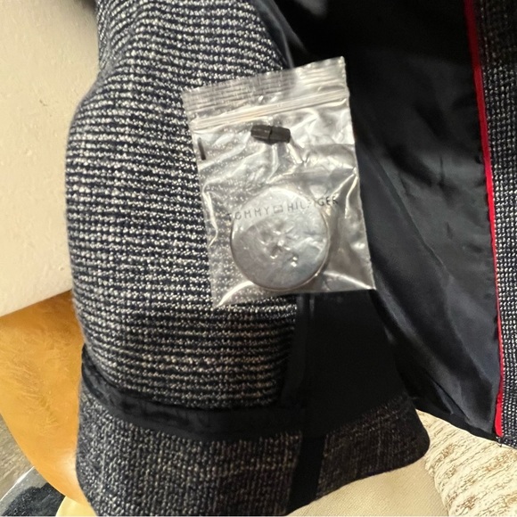 TOMMY HILFIGER Womens 10 Navy Blue Tweed Linen Look Jacket Blazer Lapel Logo Pin - Picture 10 of 16